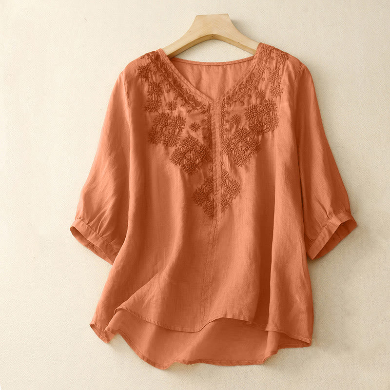 Buddha Stones V-Neck Lines Embroidery Women's Half Sleeve Shirt - SandyBrown - US12，UK/AU16，EU44 (2XL) - image 5