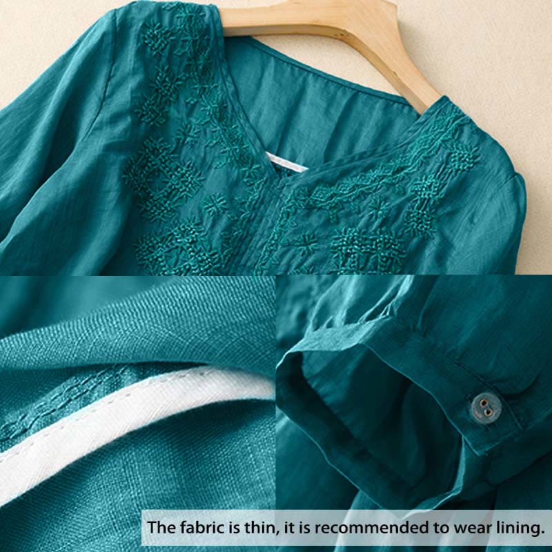 Buddha Stones V-Neck Lines Embroidery Women's Half Sleeve Shirt - image 1