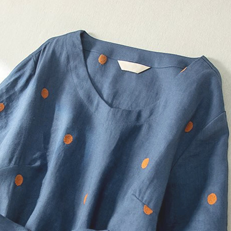 Buddha Stones Casual Dot Pattern Short Sleeve Lace-up Cotton Linen Women's Midi Dress With Pockets - image 5