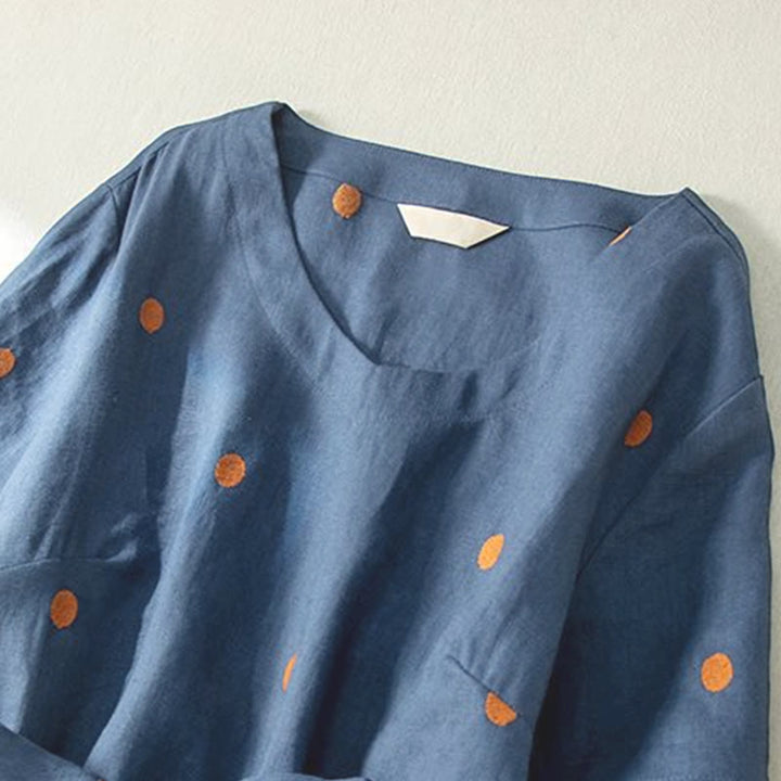Buddha Stones Casual Dot Pattern Short Sleeve Lace-up Cotton Linen Women's Midi Dress With Pockets - image 5