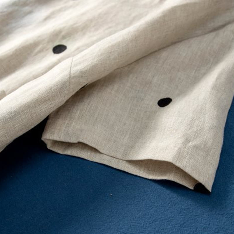 Buddha Stones Casual Dot Pattern Short Sleeve Lace-up Cotton Linen Women's Midi Dress With Pockets - image 9