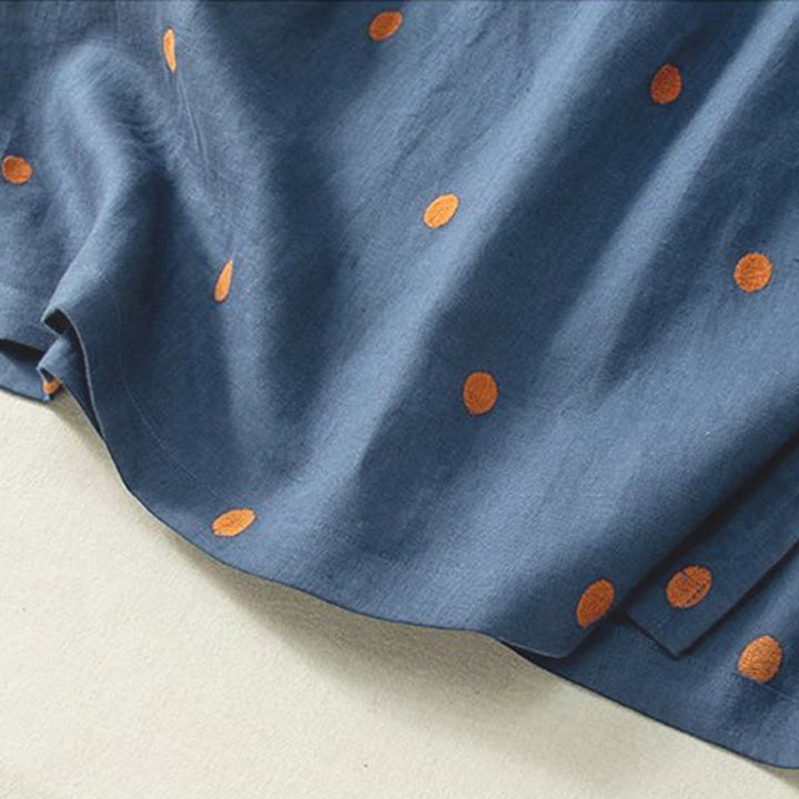 Buddha Stones Casual Dot Pattern Short Sleeve Lace-up Cotton Linen Women's Midi Dress With Pockets - image 4