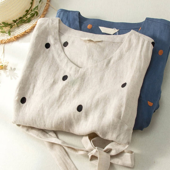 Buddha Stones Casual Dot Pattern Short Sleeve Lace-up Women's Midi Dress With Pockets - image 9