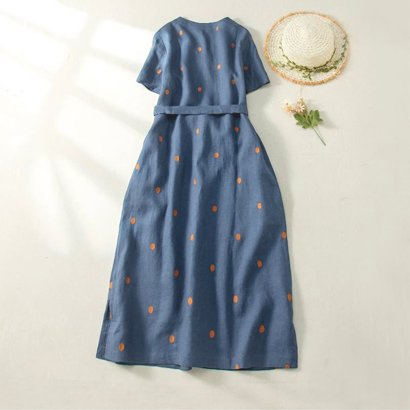 Buddha Stones Casual Dot Pattern Short Sleeve Lace-up Cotton Linen Women's Midi Dress With Pockets - image 2