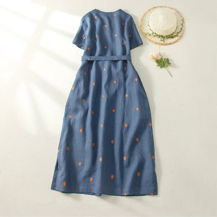 Buddha Stones Casual Dot Pattern Short Sleeve Lace-up Cotton Linen Women's Midi Dress With Pockets - image 2
