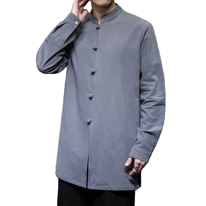 Buddha Stones Simple Tang Suit Plain Chinese Frog-Button Men's Cotton Long Sleeve Jacket Shirt - image 10