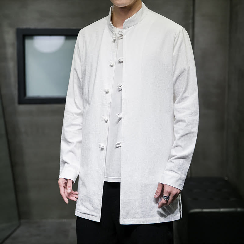 Buddha Stones Simple Tang Suit Plain Chinese Frog-Button Men's Cotton Long Sleeve Jacket Shirt - White - US/UK/AU46，EU56 (5XL) - image 11