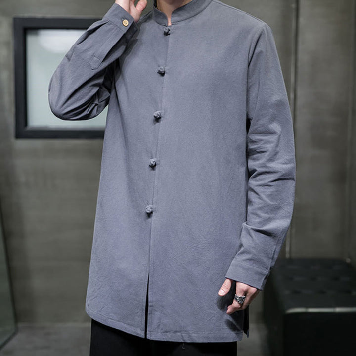 Buddha Stones Simple Tang Suit Plain Chinese Frog-Button Men's Cotton Long Sleeve Jacket Shirt - image 4