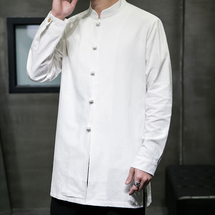 Buddha Stones Simple Tang Suit Plain Chinese Frog-Button Men's Cotton Long Sleeve Jacket Shirt - image 18