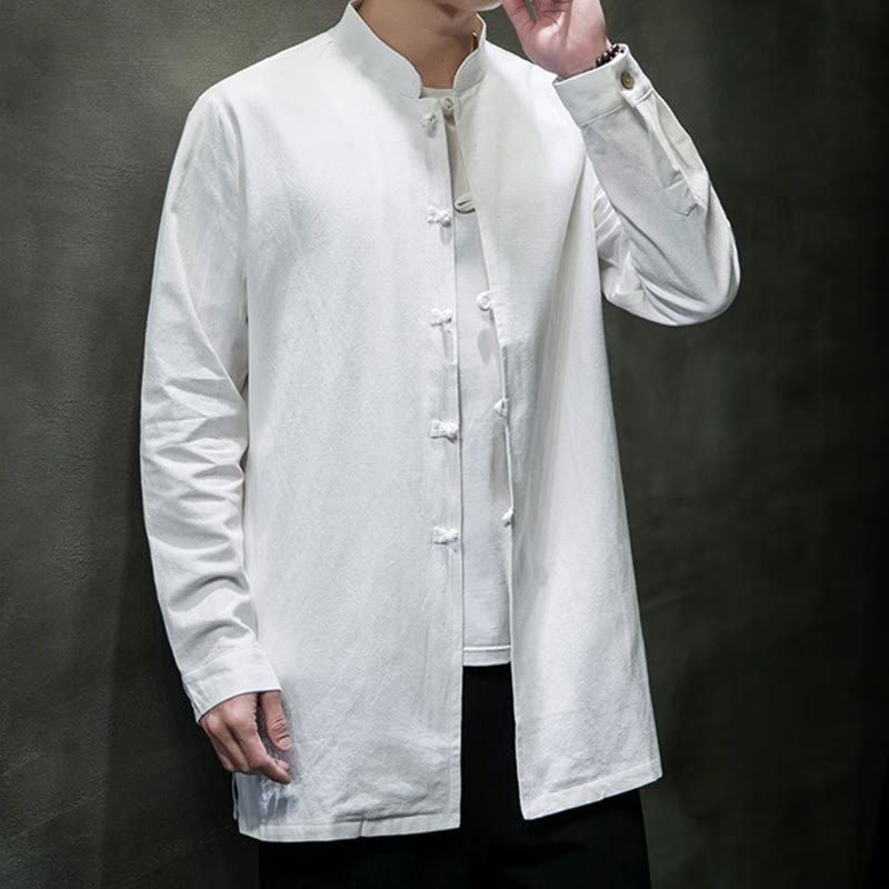 Buddha Stones Simple Tang Suit Plain Chinese Frog-Button Men's Cotton Long Sleeve Jacket Shirt - image 17