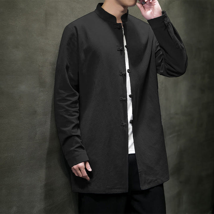 Buddha Stones Simple Tang Suit Plain Chinese Frog-Button Men's Cotton Long Sleeve Jacket Shirt - image 24