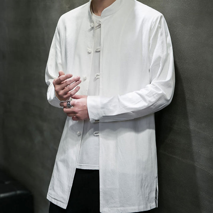 Buddha Stones Simple Tang Suit Plain Chinese Frog-Button Men's Cotton Long Sleeve Jacket Shirt - image 15