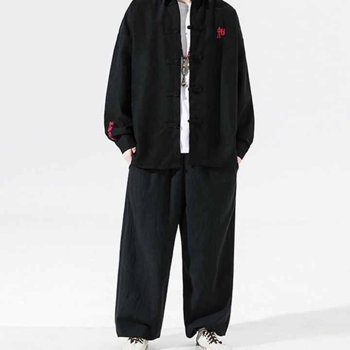 Buddha Stones Embroidery Chinese Frog-Button Design Tang Suit Men's Cotton Long Sleeve Jacket Shirt - image 7