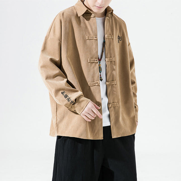 Buddha Stones Embroidery Chinese Frog-Button Design Tang Suit Men's Cotton Long Sleeve Jacket Shirt - image 10