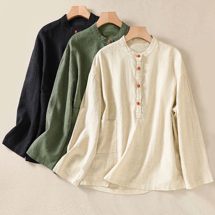 Buddha Stones Casual Buttons Crew Neck Women's Long Sleeve Shirt With Pockets - image 26