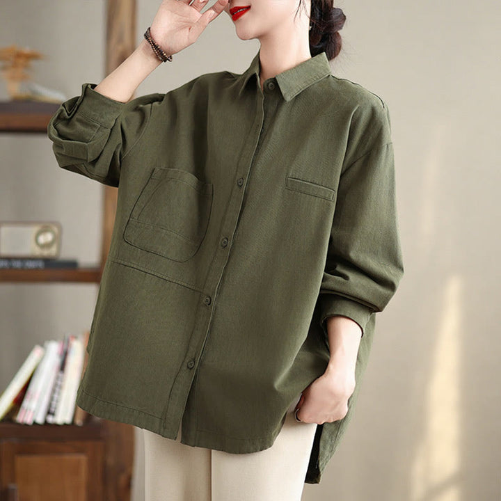 Buddha Stones Casual Plain Long Sleeve Cotton Women's Shirt With Pockets - image 4