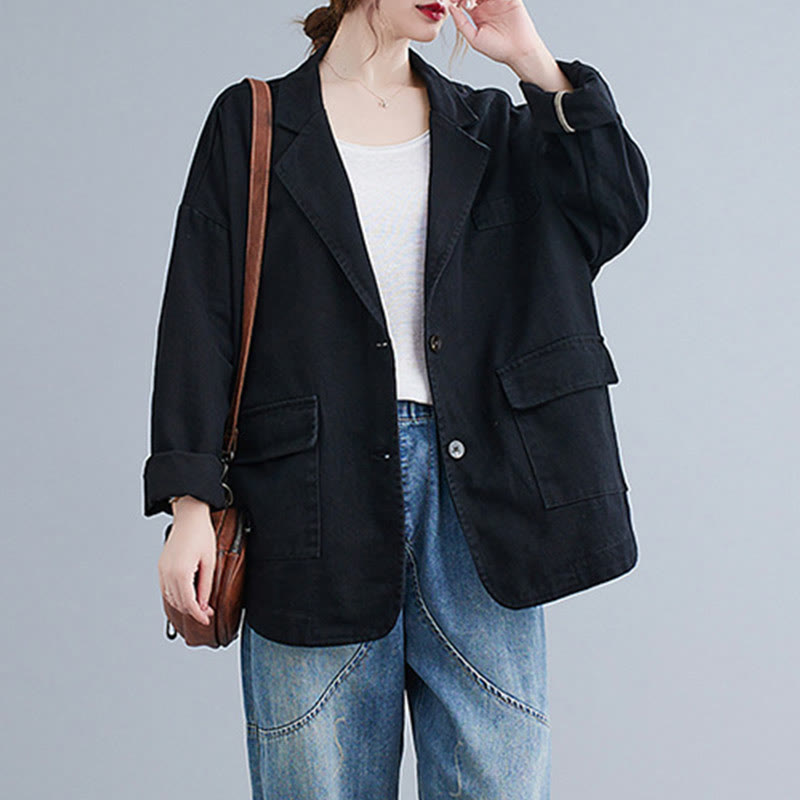 Buddha Stones Solid Color Women's Long Sleeve Cotton Blazer Jacket With Pockets - image 12