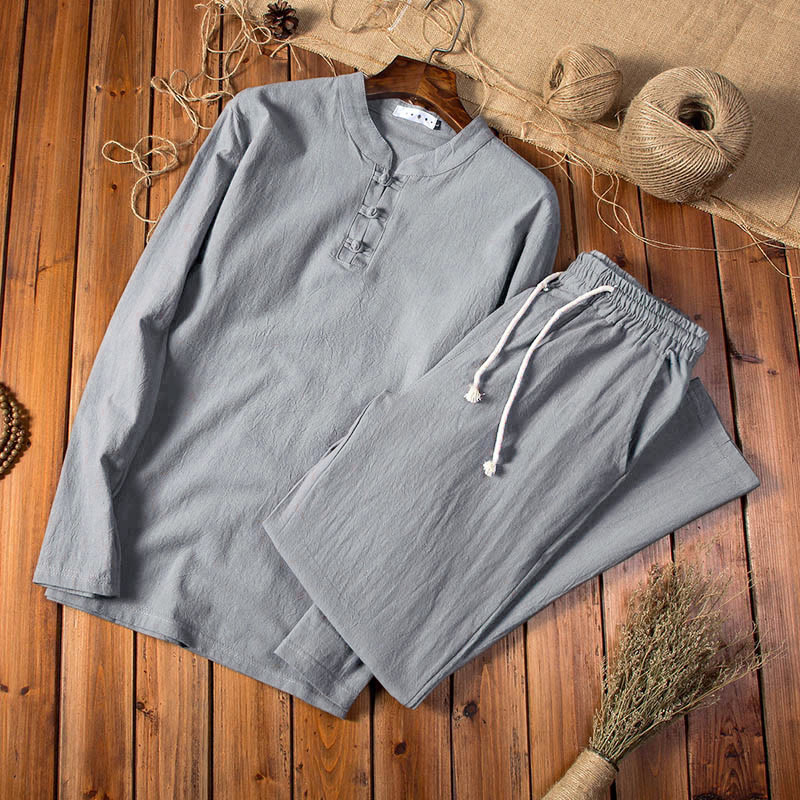 Buddha Stones Pure Color Long Sleeve Top Pants Clothing Men's Set - DimGray - US/UK/AU44，EU54 (5XL) - image 7