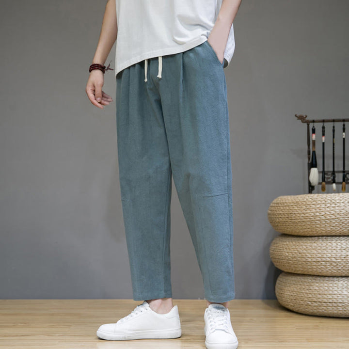 Buddha Stones Casual Pure Color Tapered Design Men's Cotton Linen Drawstring Pants With Pockets - LightSeaGreen - US/UK/AU46，EU56 (5XL) - image 1