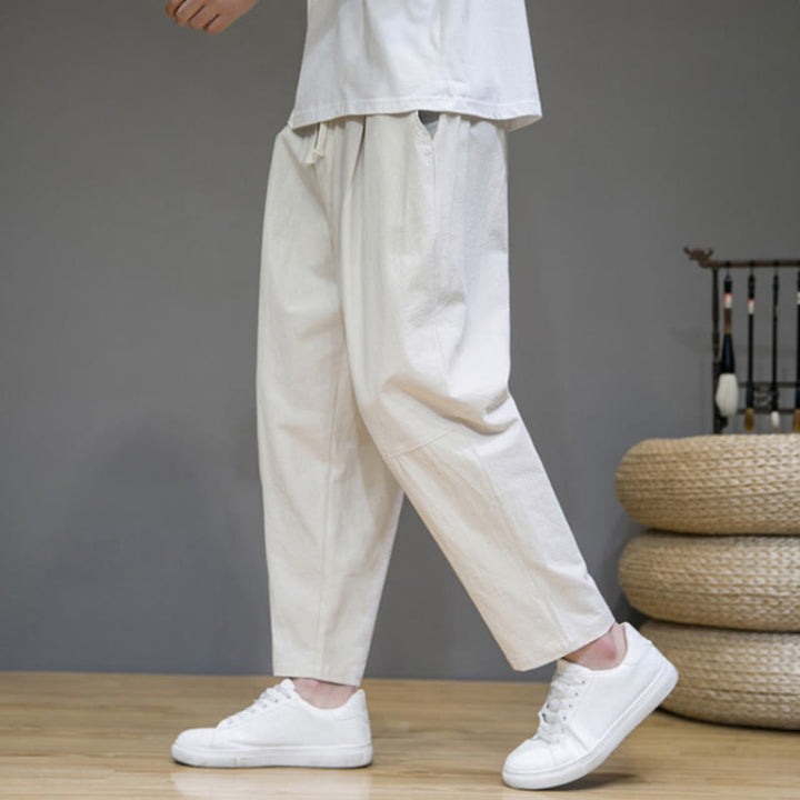 Buddha Stones Casual Pure Color Tapered Design Men's Cotton Linen Drawstring Pants With Pockets - image 16