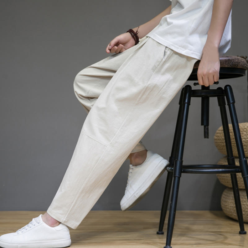 Buddha Stones Casual Pure Color Tapered Design Men's Cotton Linen Drawstring Pants With Pockets - image 18