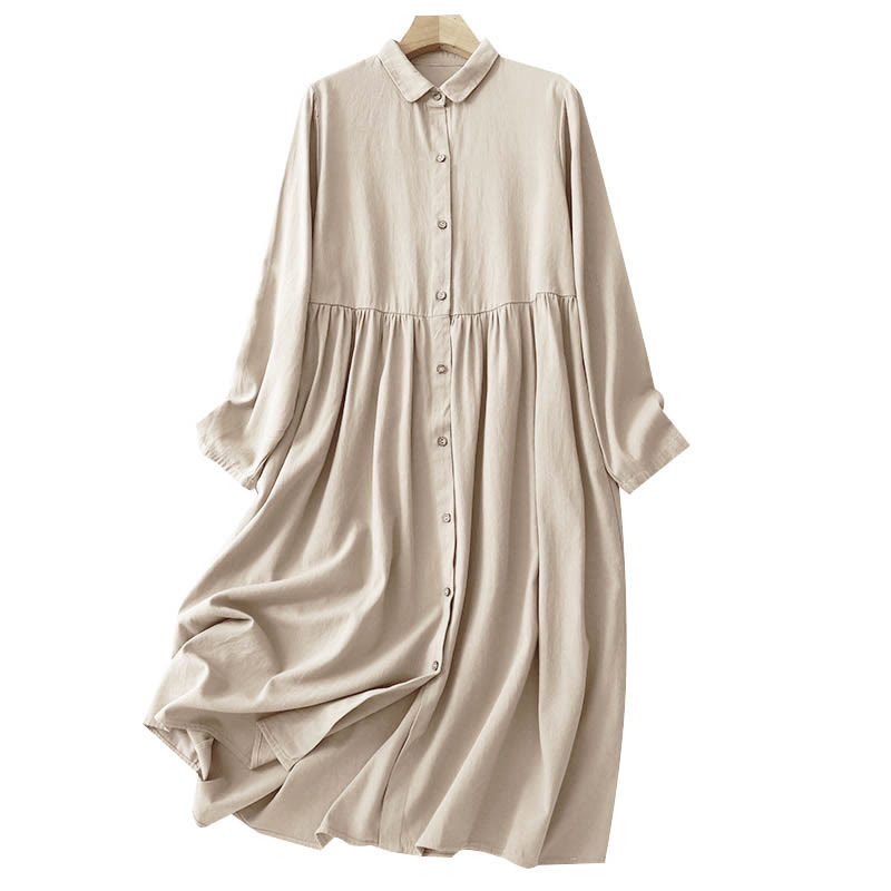 Buddha Stones Commute Long Sleeve Pure Color Button Design Lapel Cotton Midi Dress - image 5