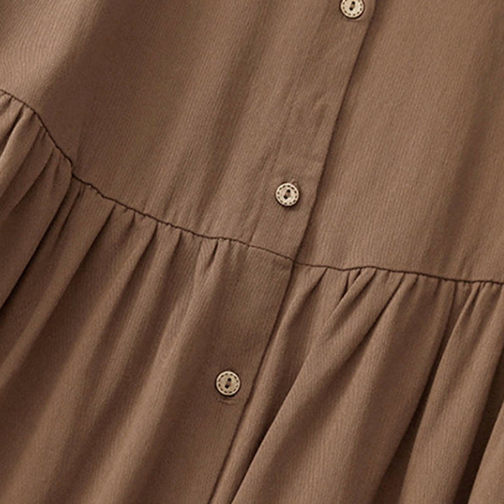 Buddha Stones Commute Long Sleeve Pure Color Button Design Lapel Cotton Midi Dress - image 11