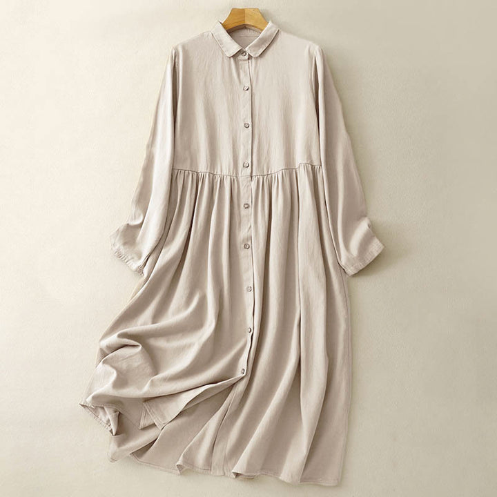 Buddha Stones Commute Long Sleeve Pure Color Button Design Lapel Cotton Midi Dress - PaleGoldenrod - US8-10，UK/AU12-14，EU40-42 (2XL) - image 0
