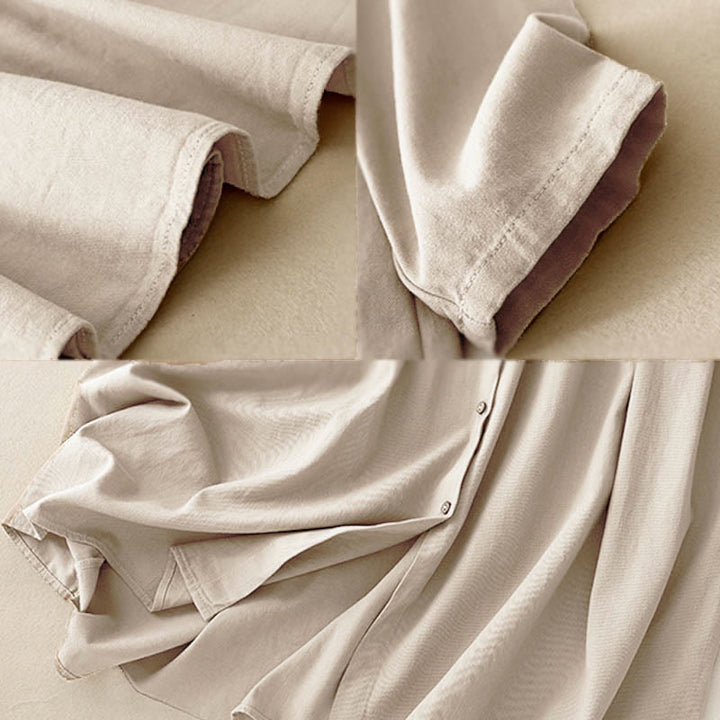 Buddha Stones Commute Long Sleeve Pure Color Button Design Lapel Cotton Midi Dress - image 6