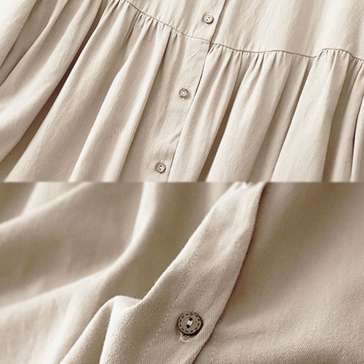 Buddha Stones Commute Long Sleeve Pure Color Button Design Lapel Cotton Midi Dress - image 3