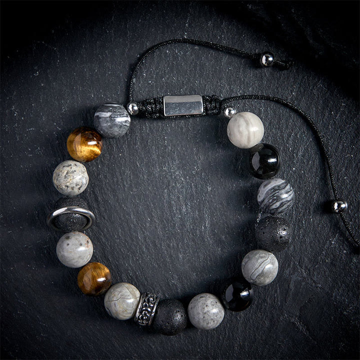 Buddha Stones Grey Jasper Lava Rock Silver Sheen Obsidian Tiger Eye Healing Bracelet - image 1