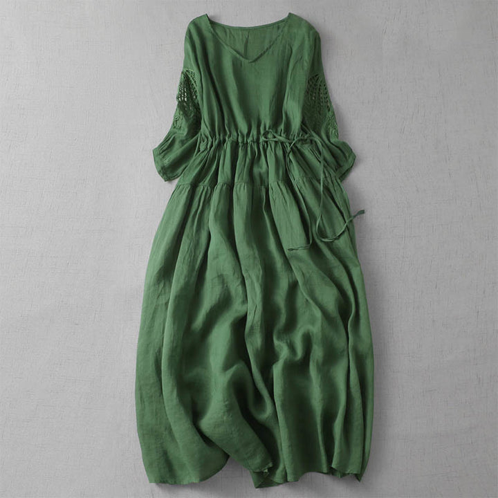 Buddha Stones Embroidery Patchwork Long Puff Sleeve Drawstring Midi Dress With Pockets - SeaGreen - US8-10，UK/AU12-14，EU40-42 (2XL) - image 1