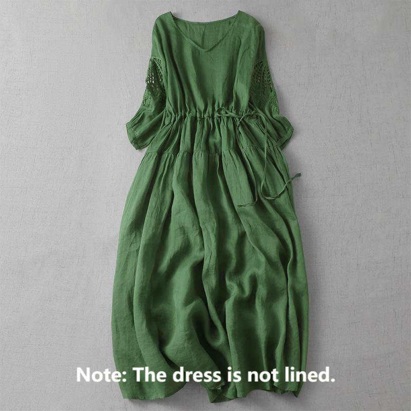 Buddha Stones Embroidery Patchwork Long Puff Sleeve Drawstring Midi Dress With Pockets - image 2