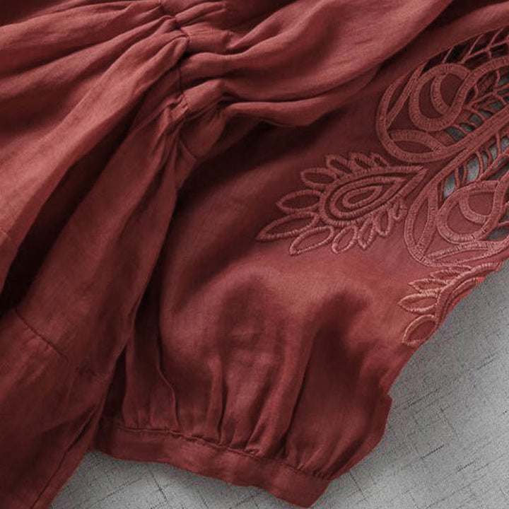 Buddha Stones Embroidery Patchwork Long Puff Sleeve Drawstring Midi Dress With Pockets - image 4