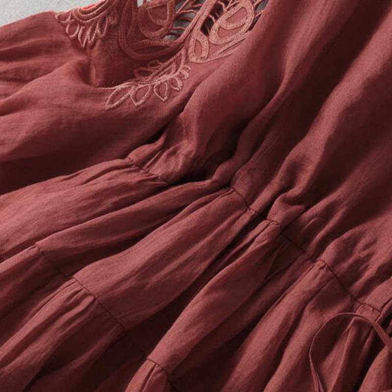 Buddha Stones Embroidery Patchwork Long Puff Sleeve Drawstring Midi Dress With Pockets - image 11