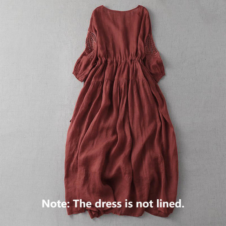 Buddha Stones Embroidery Patchwork Long Puff Sleeve Drawstring Midi Dress With Pockets - image 6