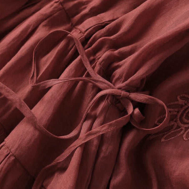 Buddha Stones Embroidery Patchwork Long Puff Sleeve Drawstring Midi Dress With Pockets - image 16