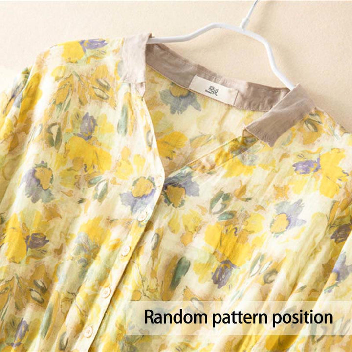 Buddha Stones Half Sleeve Color Contrast Floral Pattern Midi Dress With Pockets - image 14