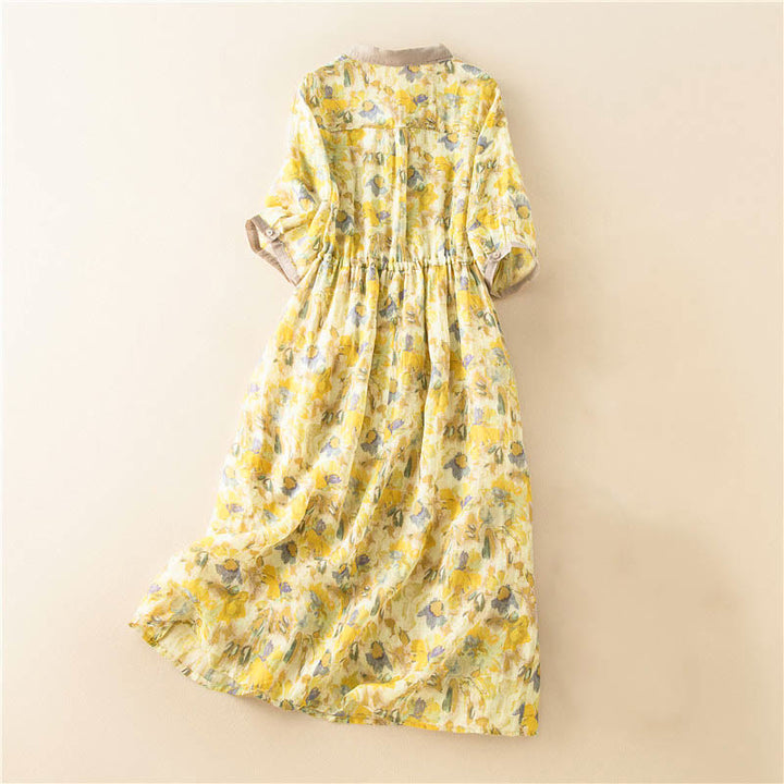 Buddha Stones Half Sleeve Color Contrast Floral Pattern Midi Dress With Pockets - image 16