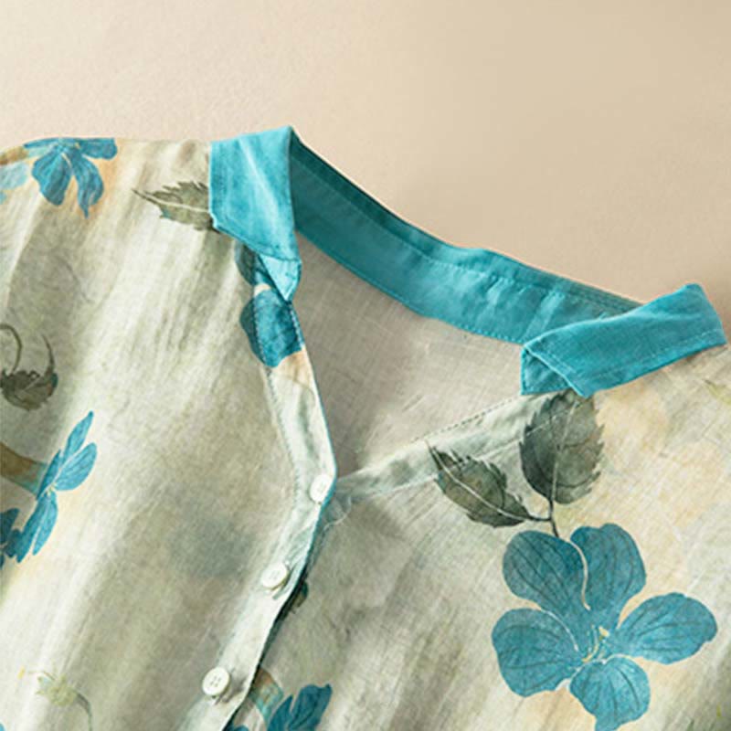 Buddha Stones Half Sleeve Color Contrast Floral Pattern Midi Dress With Pockets - image 8