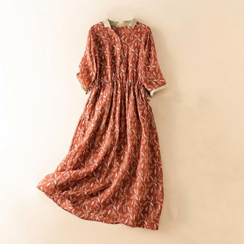 Buddha Stones Half Sleeve Color Contrast Floral Pattern Midi Dress With Pockets - FireBrick - US12，UK/AU16，EU44 (3XL) - image 20