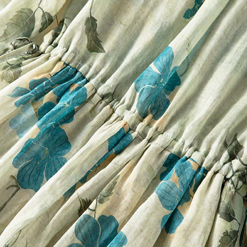 Buddha Stones Half Sleeve Color Contrast Floral Pattern Midi Dress With Pockets - image 3