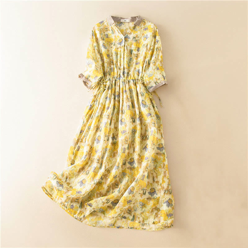 Buddha Stones Half Sleeve Color Contrast Floral Pattern Midi Dress With Pockets - Yellow - US12，UK/AU16，EU44 (3XL) - image 13