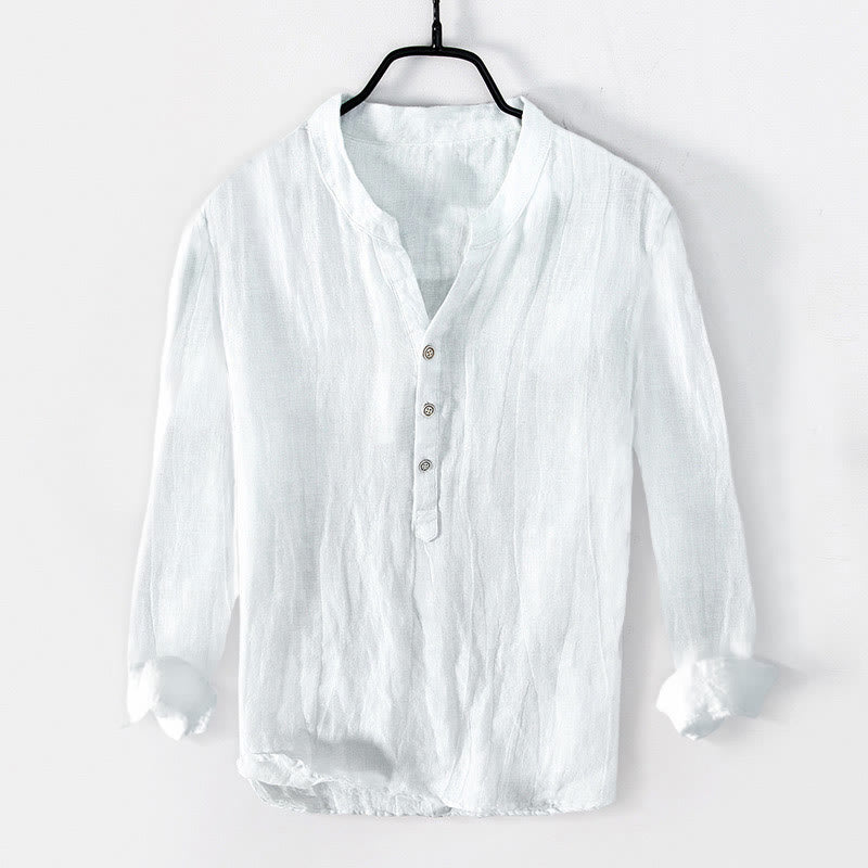 Buddha Stones Solid Color Short Sleeve Half Button Shirt Cotton Linen Men Clothing - Long Sleeve - White - US/UK/AU50，EU60 (5XL) - image 23