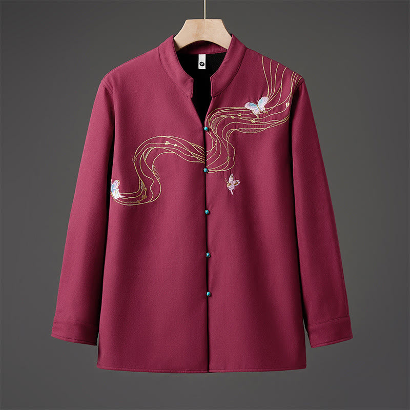 Buddha Stones Winter Embroidered Butterfly Ribbon Fleece-Lined Men's Cotton Long Sleeve Jacket - FireBrick - US/UK/AU46，EU56 (5XL) - image 7