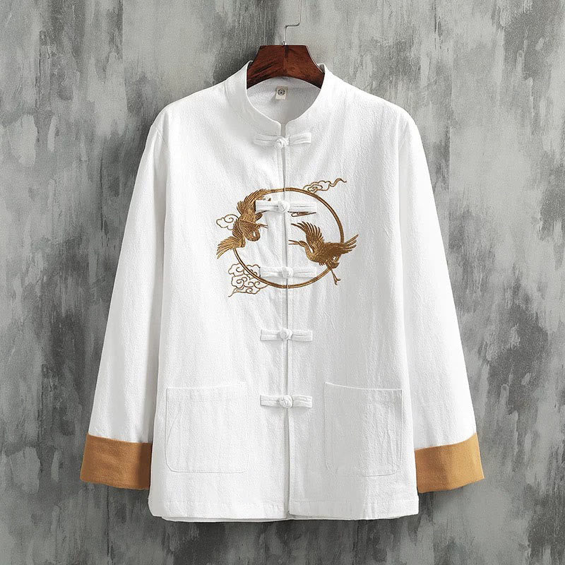 Buddha Stones Embroidered Cranes Auspicious Clouds Frog-Button Long Sleeve Cotton Linen Men's Shirt - White - US/UK/AU46，EU56 (5XL) - image 0
