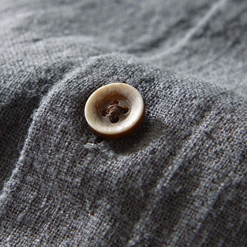 Buddha Stones Fall Solid Long Sleeve Buttons Men's Ramie Cotton Shirt With Pockets - image 20