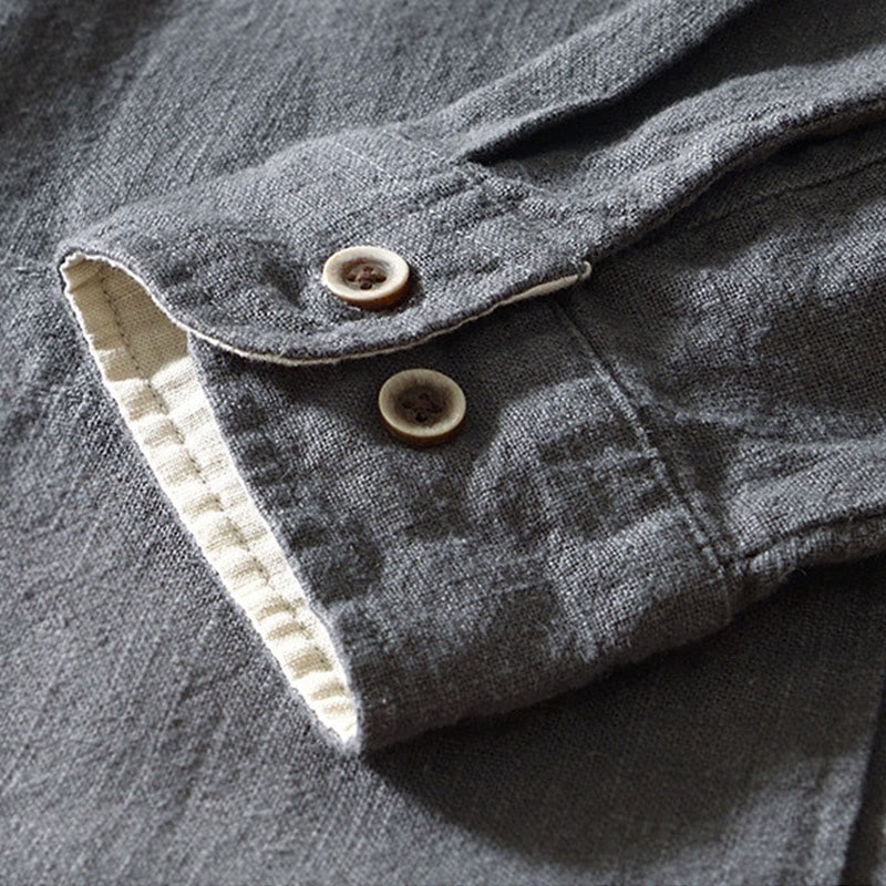 Buddha Stones Fall Solid Long Sleeve Buttons Men's Ramie Cotton Shirt With Pockets - image 22