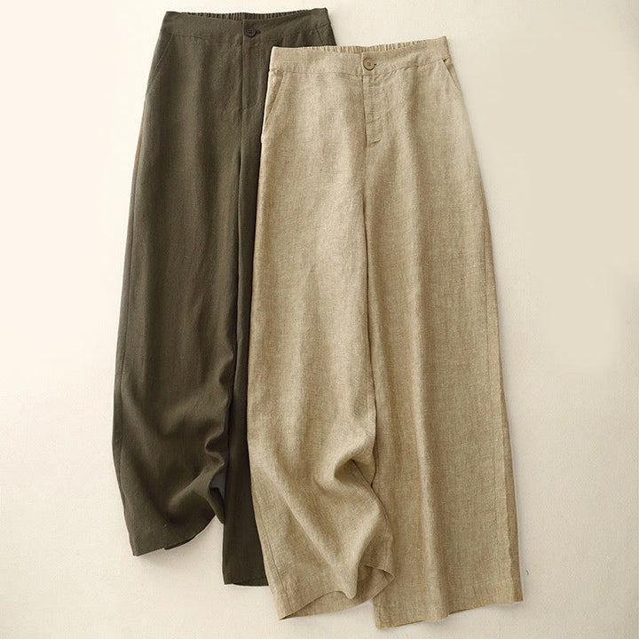 Buddha Stones Casual Plain Women's Cotton Linen Elastic Waist  Wide Leg Pants With Pockets - image 0