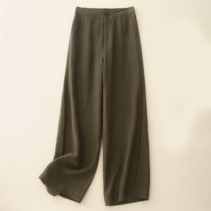 Buddha Stones Casual Plain Women's Cotton Linen Elastic Waist  Wide Leg Pants With Pockets - Olive - US8-10，UK/AU12-14，EU40-42 (2XL) - image 1